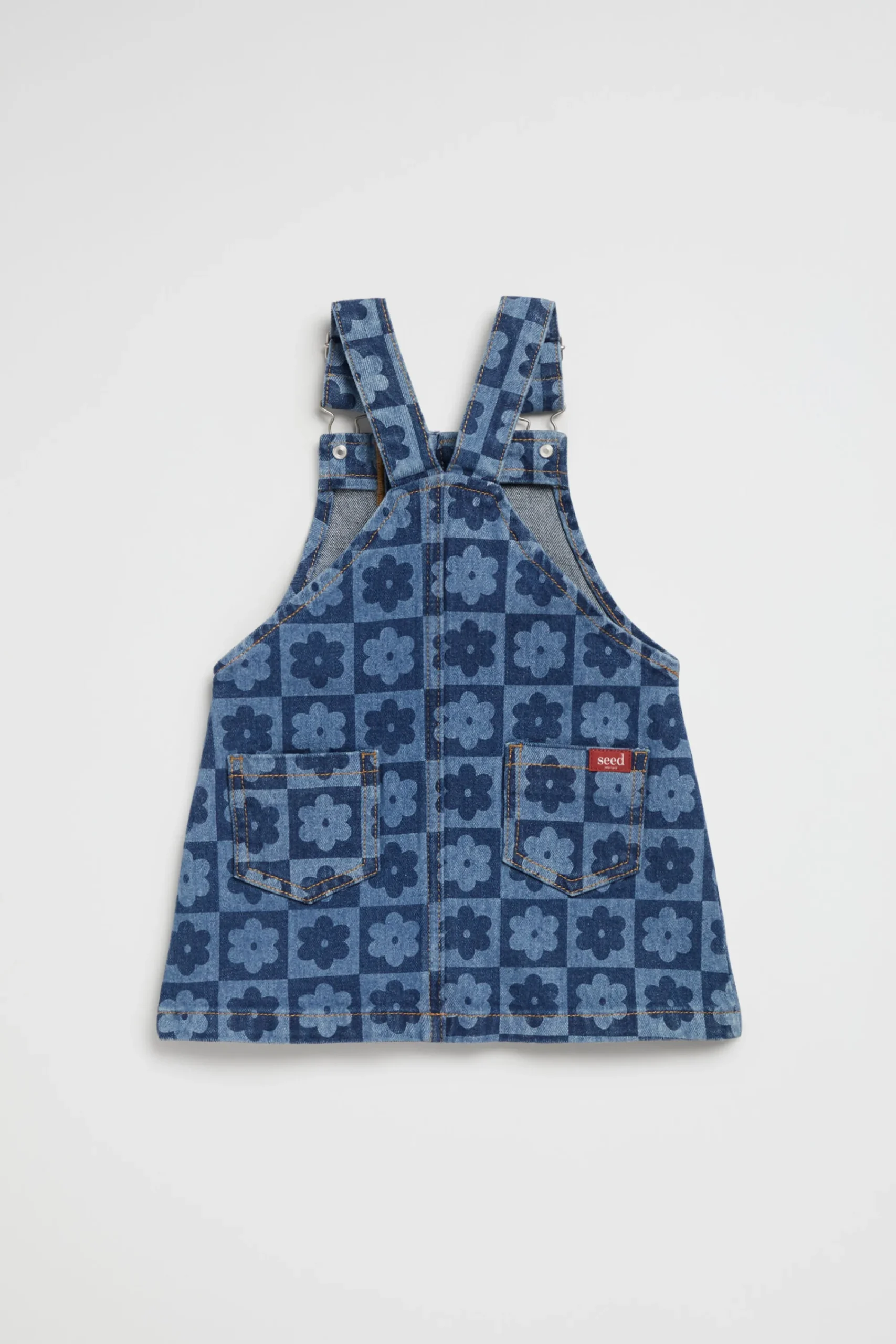 Baby Girl Seed Heritage Dresses-Checked Denim Pinafore