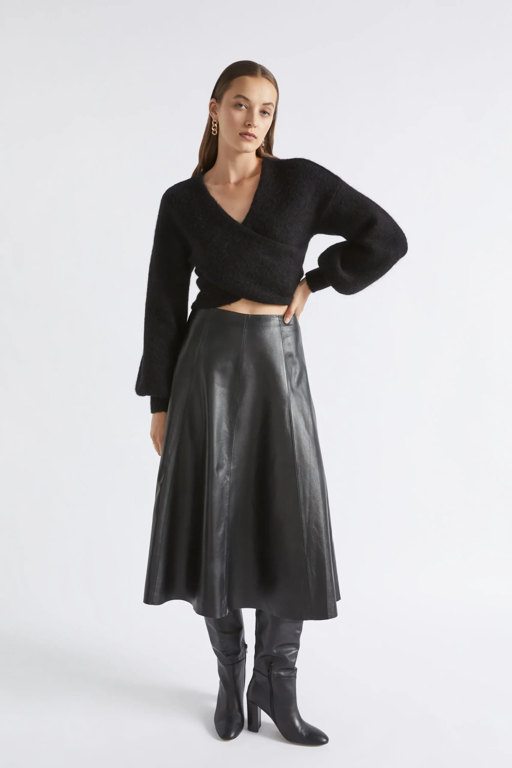 Woman Seed Heritage Skirts-Leather Midi Circle Skirt