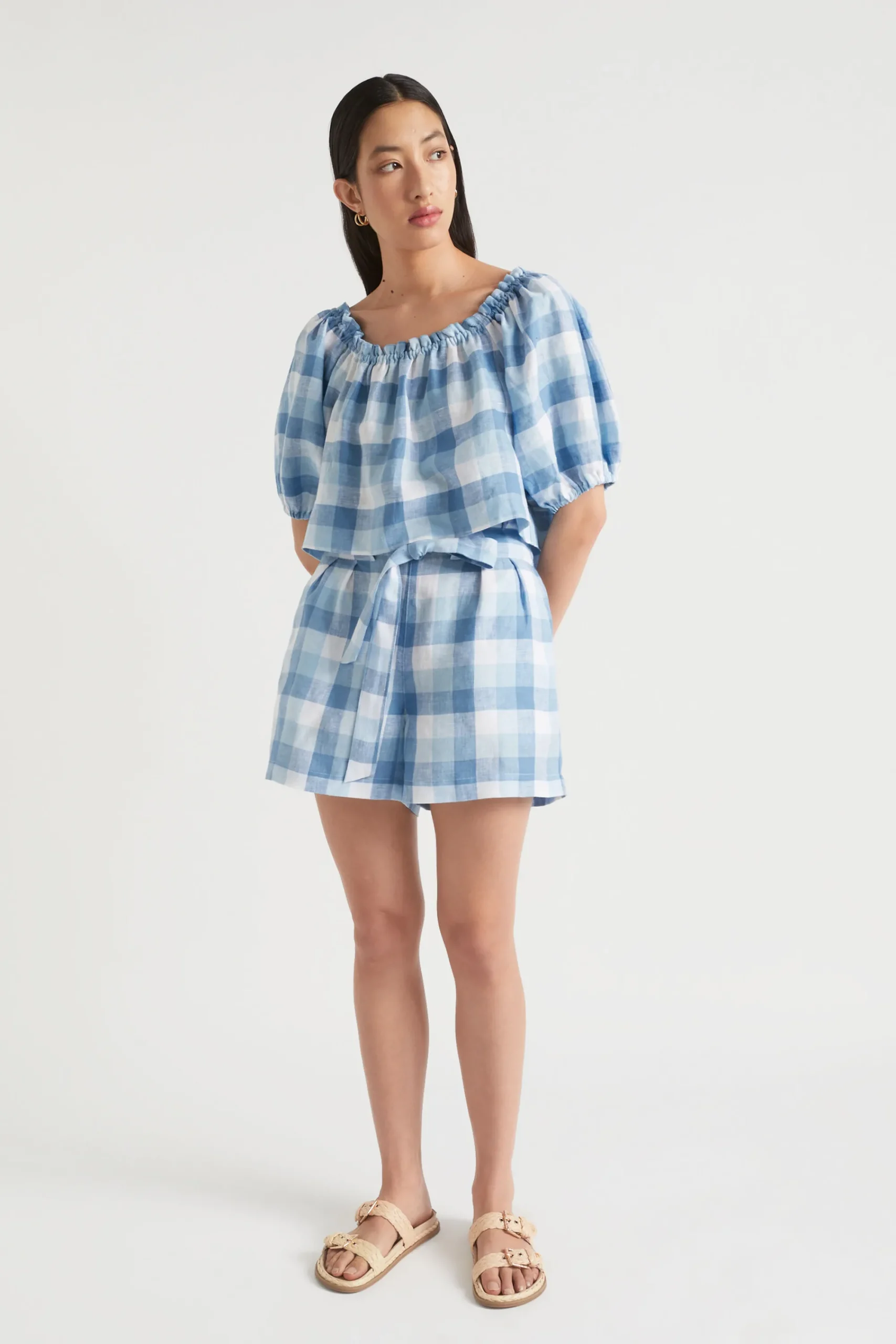 Woman Seed Heritage T-Shirts & Tops-Linen Check Swing Top