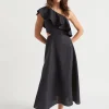 Woman Seed Heritage Dresses-Linen Fitted One Shoulder Midi Dress