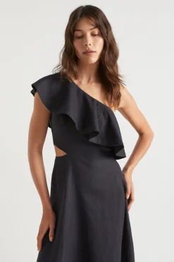 Woman Seed Heritage Dresses-Linen Fitted One Shoulder Midi Dress