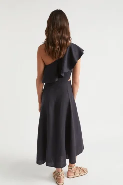 Woman Seed Heritage Dresses-Linen Fitted One Shoulder Midi Dress