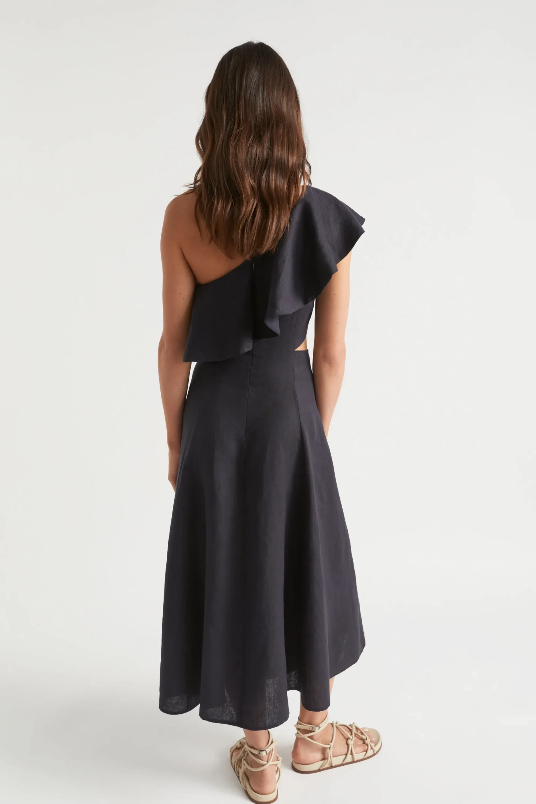 Woman Seed Heritage Dresses-Linen Fitted One Shoulder Midi Dress