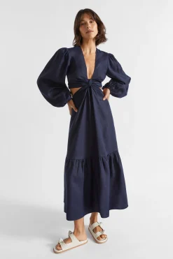 Woman Seed Heritage Dresses-Linen Knot Front Midi Dress