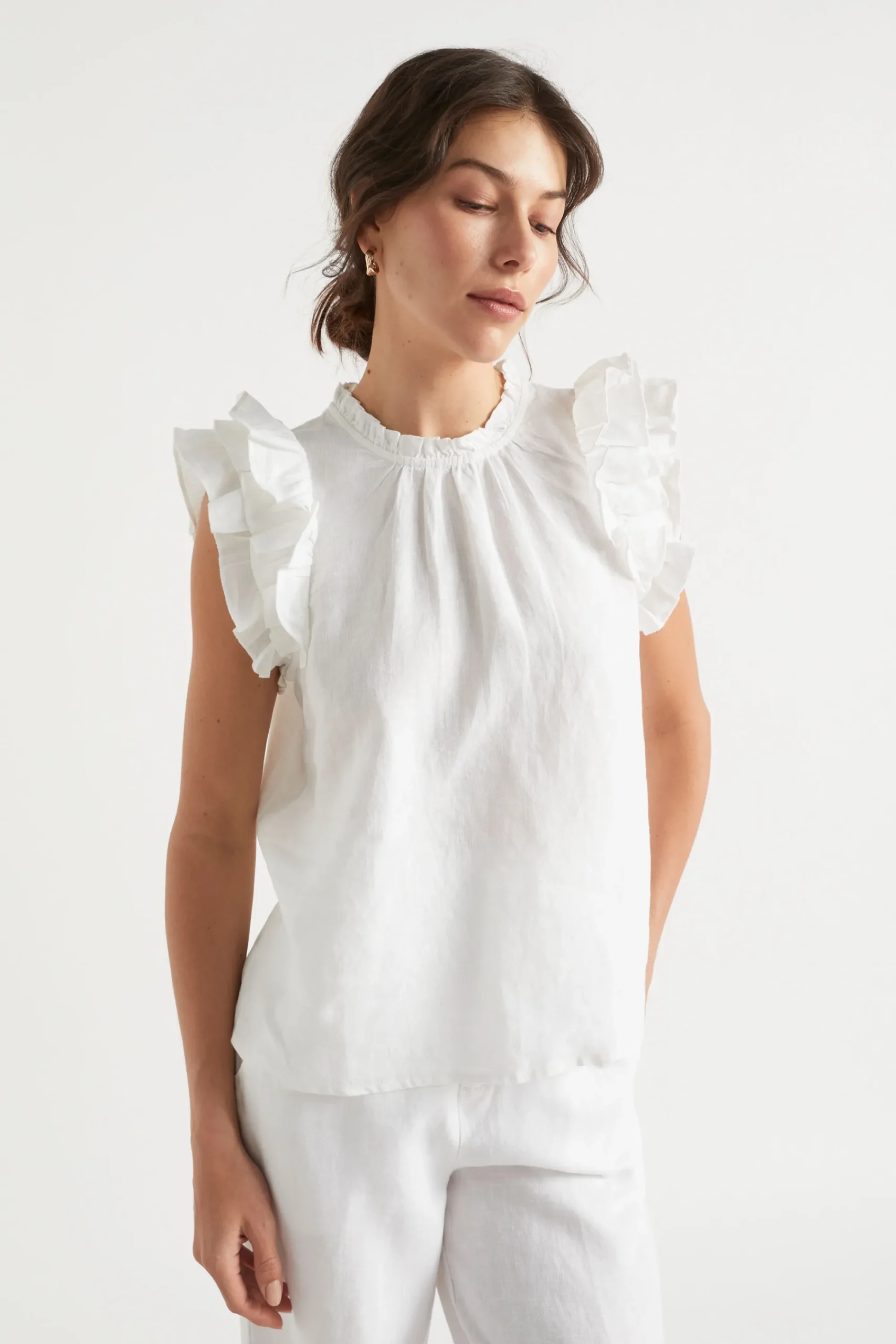Woman Seed Heritage T-Shirts & Tops-Linen Ruffle Sleeve Top