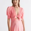 Woman Seed Heritage Dresses-Linen Shirred Tie Front Midi Dress