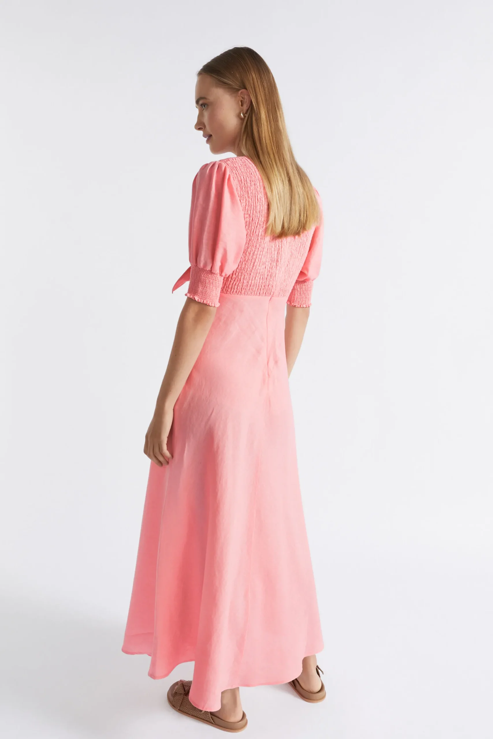Woman Seed Heritage Dresses-Linen Shirred Tie Front Midi Dress