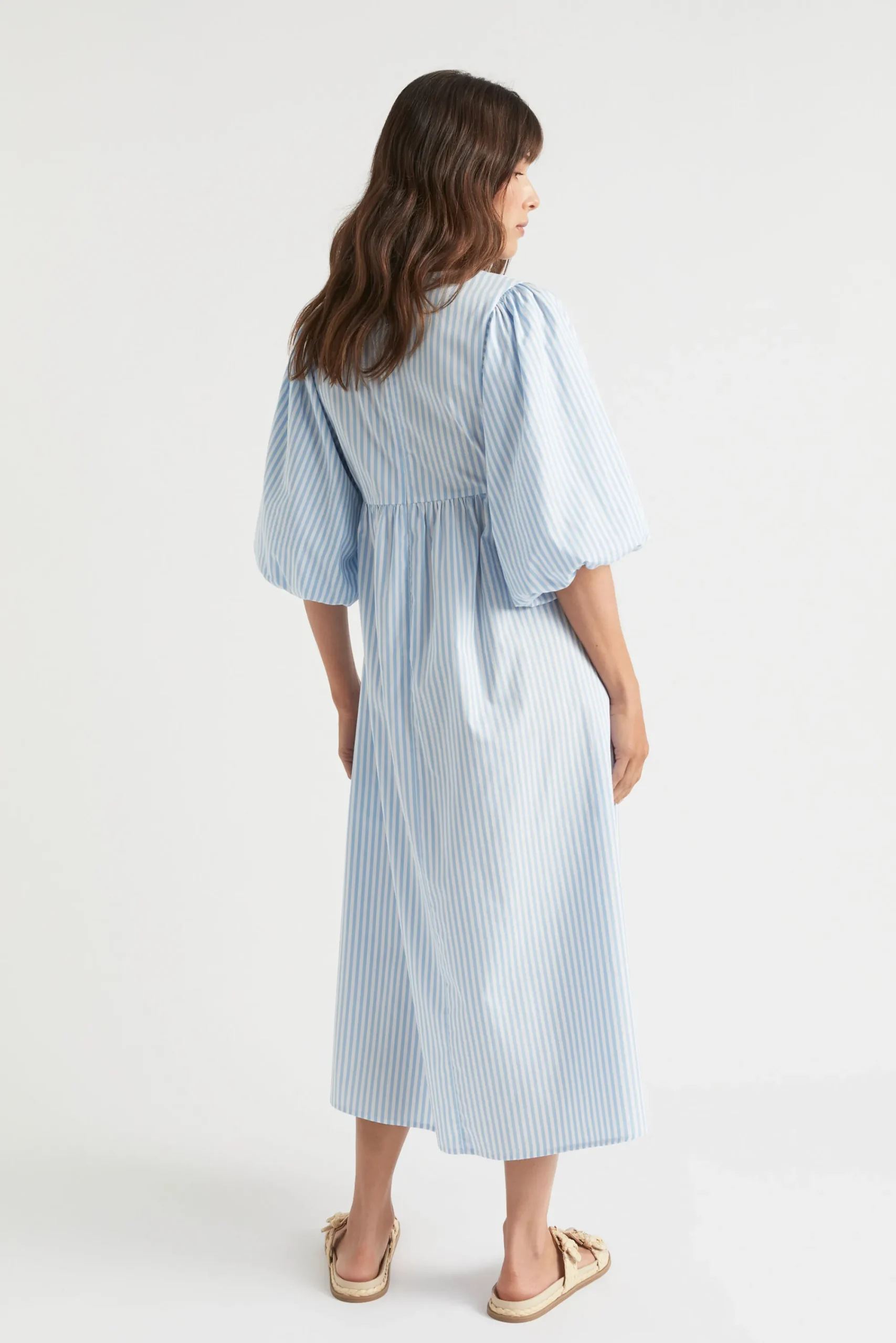 Woman Seed Heritage Dresses-Poplin Stripe Pleat Detail Midi Dress